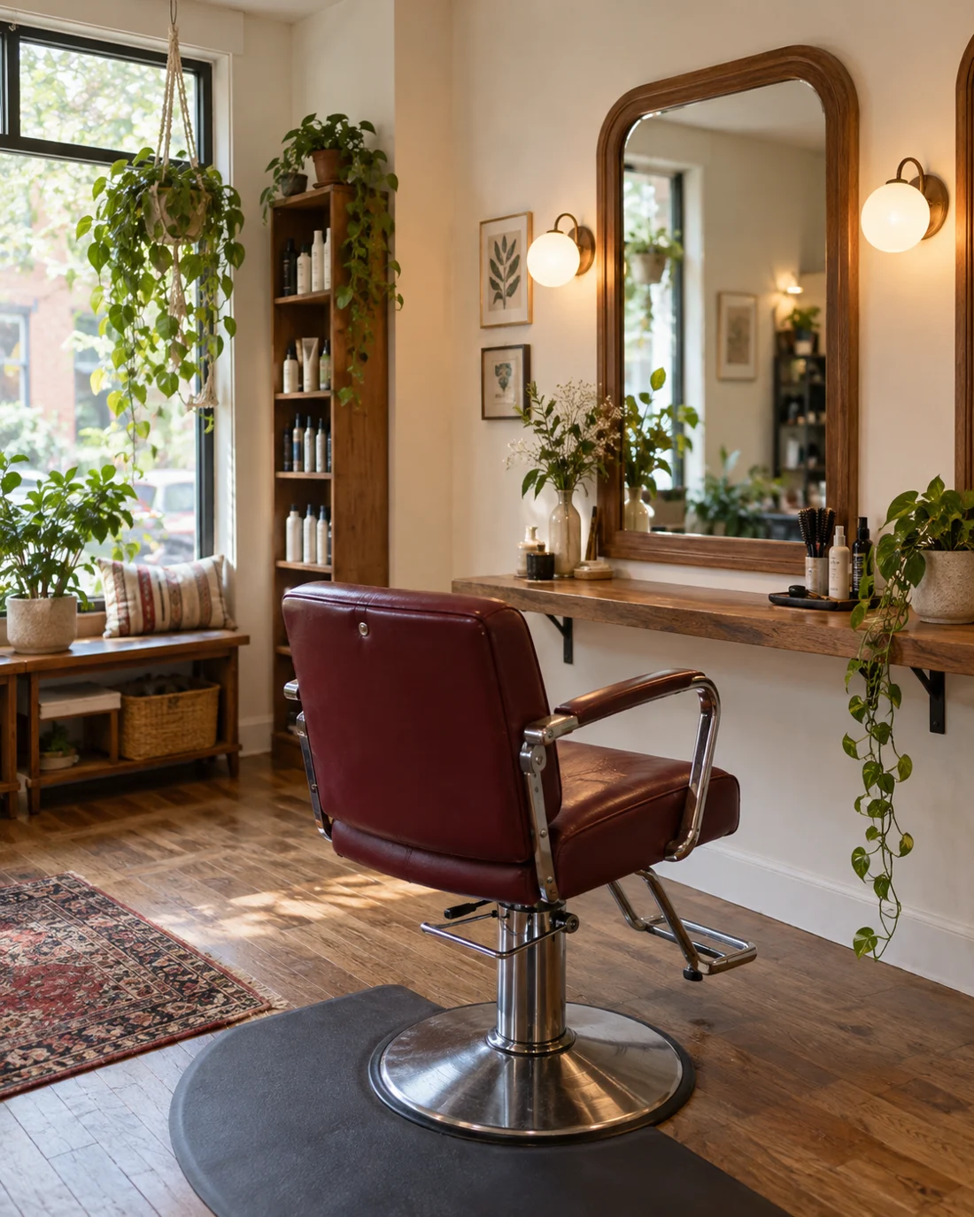 Interior de salon cu oglinzi și scaun burgundy, imagine ilustrativă